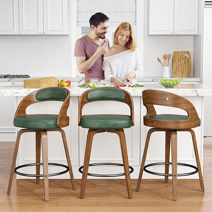 Swivel Bar Stools Set of 2, 26" Counter Height Bentwood Barstool, Mid-Century Modern PU Leather Upholstered Bar Chair with Back and Footrest, for Kitchen Island, Bar, Cafe, Dining Room, Green