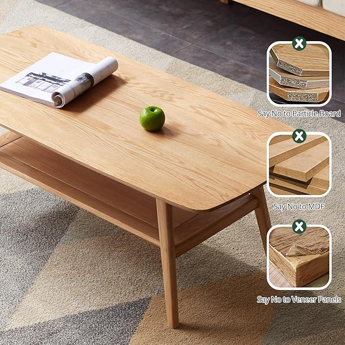 2-Tier Solid Oak Wood Coffee Table - Practical Center Table with Double Storage for Small Apartments, Living Rooms, Bedrooms, and Offices (Natural, 39.37" D x 19.69" W x 17.32" H)