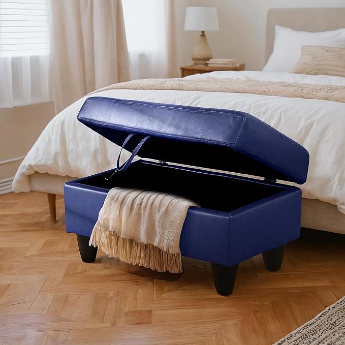 Ottoman Rectangular Storage Ottoman Bench, Faux Leather Footrest, Coffee Table, Stool Footstool with Hinged Lid for Living Room, Bedroom, Entryway, Blue, 35"x23.5"x17.5"