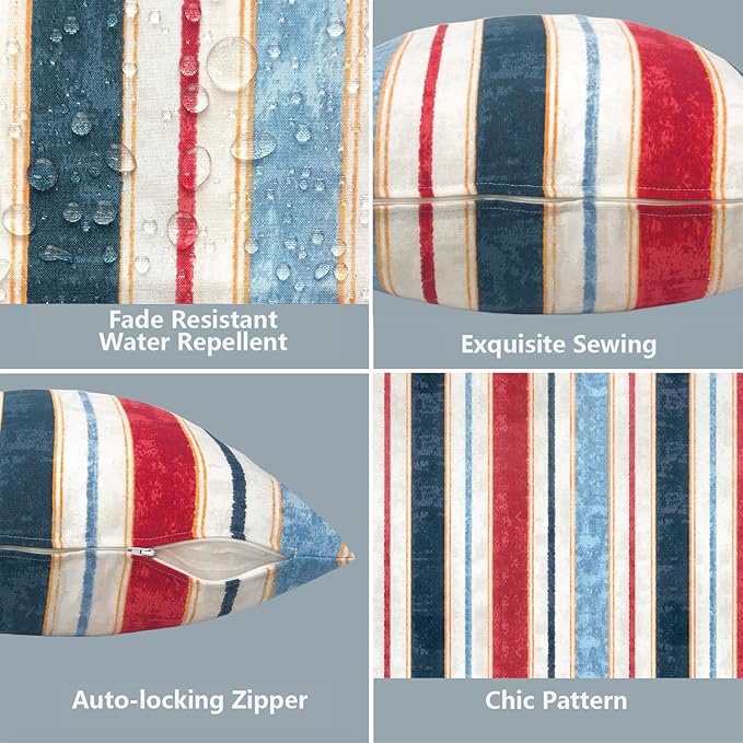 LVTXIII Outdoor Throw Pillow Covers 20 x 20 Inch, Covers ONLY Modern Cute Pattern Decorative Square Toss Pillow Case Pack of 2 for Home Patio Garden Sofa Bed Furniture, Stripe Red Blue