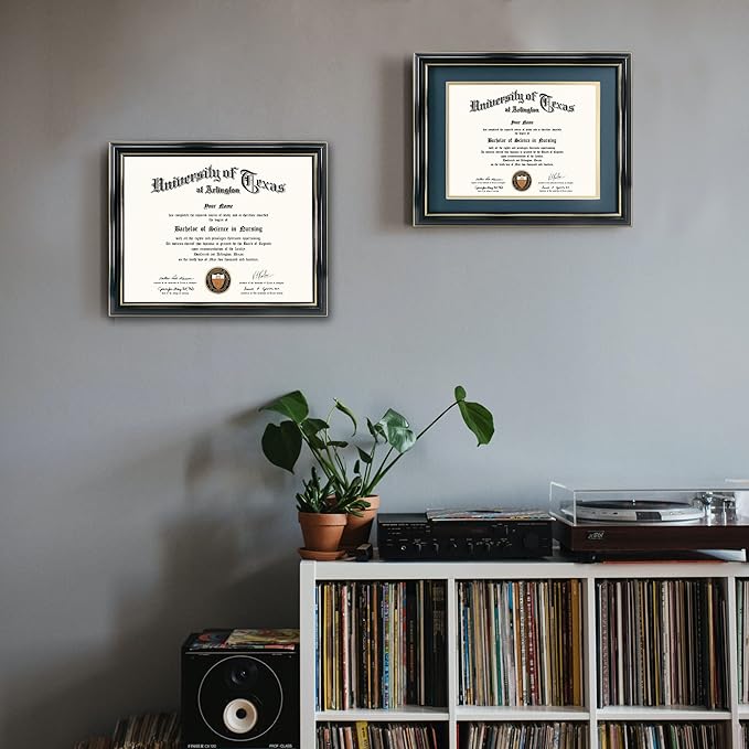 GraduationMall 8.5x11 Diploma Frame with Navy over Gold Mat or Display 11x14 Certificate without Mat,Solid Wood & UV Protection Acrylic,Glossy Black Finish with Gold Trim