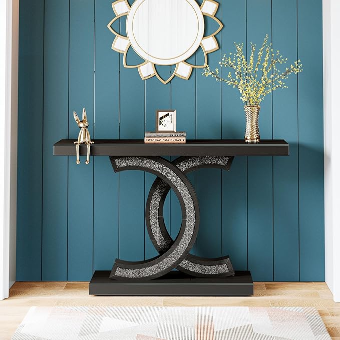 39-inch Mirrored Console Table, Modern Black Entryway Table with Sparkling Crystal Inlays, Glass Sofa Table with Mirror Finish for Entrance, Living Room