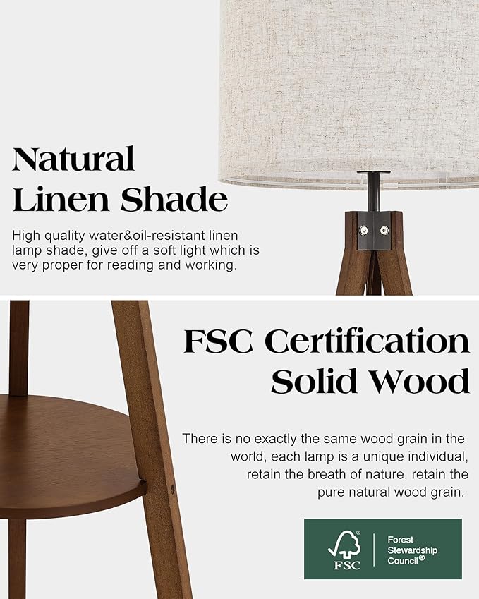 ELYONA Wood Tripod Floor Lamp with Table, Shelf Standing Light with 3 Color Temperatures LED Bulb, Mid Century Modern Wooden Tall Floor Lamp with Linen Shade for Living Room Bedroom Office,Dark Brown
