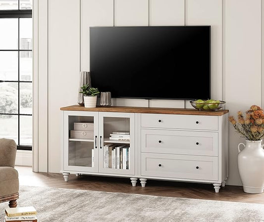 WAMPAT TV Stand for 75 Inch TV, Wood TV Cabinet Entertainment Center Television Stands for Living Room, 2-in-1 Sideboard Buffet Cabinet with Glass Door & Drawer for Kitchen, Off White