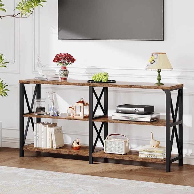 LVB Rustic Console Table, Industrial Wood Metal Sofa Table Behind Couch, Farmhouse Long Entryway Table with Storage Shelf, Large Wooden Foyer Hallway Table for Entry Living Room, Rustic Brown, 63 Inch