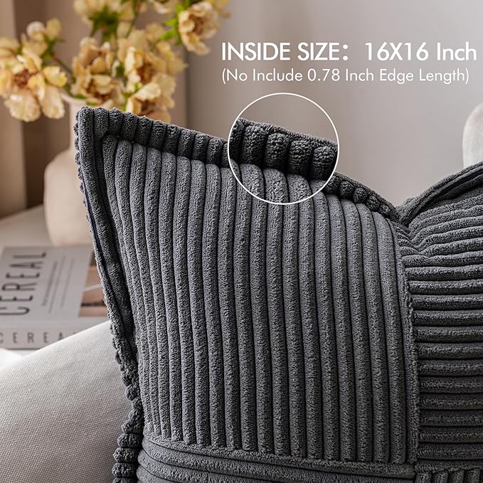 MIULEE Dark Grey Corduroy Pillow Covers 16x16 Inch with Splicing Set of 2 Soft Boho Striped Pillow Covers Broadside Decorative Textured Pillowcases for Couch Cushion Bed Livingroom