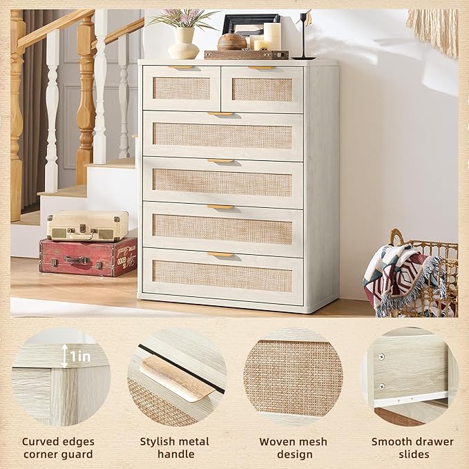 LEYAOYAO White Dresser for Bedroom Set of 2, 41" Tall Chest of Drawers, Modern 6 Drawers Boho Rattan Dressers with Storage, Dresser Wooden Closet Organizer for Living Room, Hallway