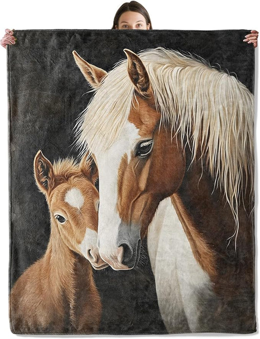 Gentle Horse Blanket, Cozy Flannel Mare and Pony Portrait Throw Blanket for Couch Outdoor, Plush Soft Lightweight Travel Pretty Horses Blankets for Bed Decor and Gifts, for Women Kids 40"x50"