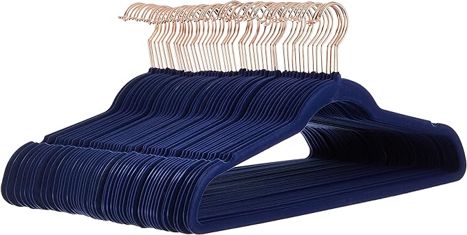 Amazon Basics Slim Velvet, Non-Slip Suit Clothes Hangers, Pack of 50, Navy Blue/Rose Gold