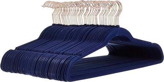 Amazon Basics Slim Velvet, Non-Slip Suit Clothes Hangers, Pack of 50, Navy Blue/Rose Gold