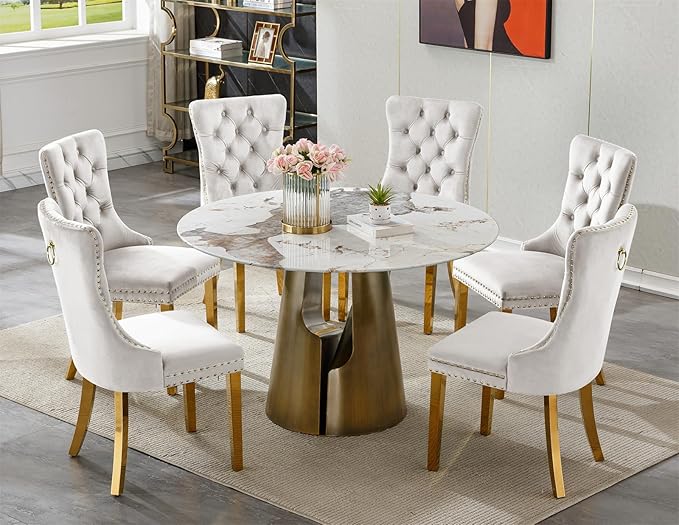 7-Piece Faux Marble Round Dining Table Set for 6, Modern Luxury Kitchen Table Set for 6 with Beige Tufted Chairs,Circle Dining Tables with Pandora Grain Top and Bronze Pedestal Base
