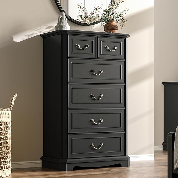 Farmhouse 6 Drawer Dresser for Bedroom, Tall Rustic Chest of Drawers with Metal Handle, Wood Vintage Storage Tower Cabinet, Wooden Closet Storage Dressers Organizer for Living Room, Hallway, Black