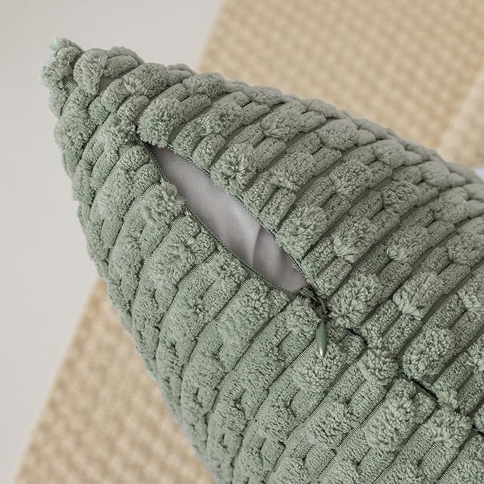 Kevin Textile Throw Pillow Covers Soft Corduroy Decorative Set of 2 Boho Striped Pillow Covers Pillowcases Farmhouse Home Decor for Couch Bed Sofa Living Room 22x22 Inch Greyish Green