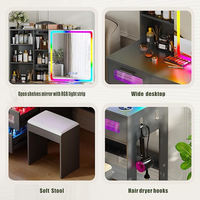 Vanity Desk with Sliding Vanity Mirror and RGB Lights,Makeup Vanity Desk with Charging Station,LED Vanity Table with Hidden Storage,Dressing Table Set with Stool&5 Drawers for Bedroom,Grey