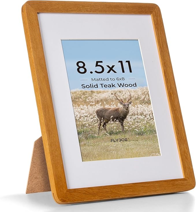 8.5 by 11 Picture Frame - Solid Teak Wood 8.5x11 Fram, 8 1/2 x 11 Diploma Frame With Mat For 6x8, Tabletop and Wall Display, Hanging Hardware Included, Certificate Document Frame, Natural Teak