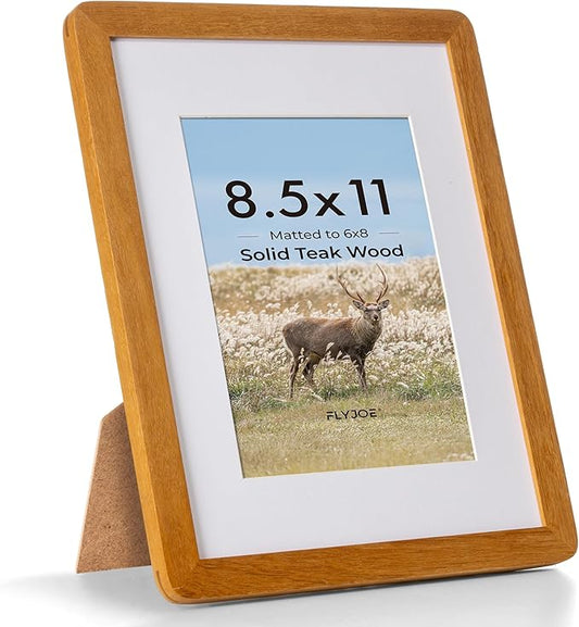 8.5 by 11 Picture Frame - Solid Teak Wood 8.5x11 Fram, 8 1/2 x 11 Diploma Frame With Mat For 6x8, Tabletop and Wall Display, Hanging Hardware Included, Certificate Document Frame, Natural Teak
