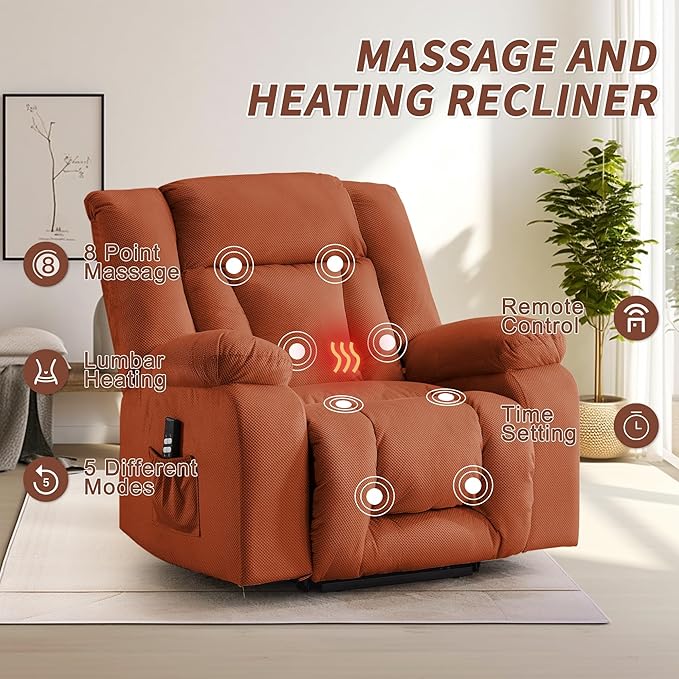 Oversized Dual Motor Power Lift Recliner for Adults, Electric Lift Chair with Heating and Massage, Waffle Fabric Electric Recliner Chair with Side Pockets, Wide Recliner for Living Room