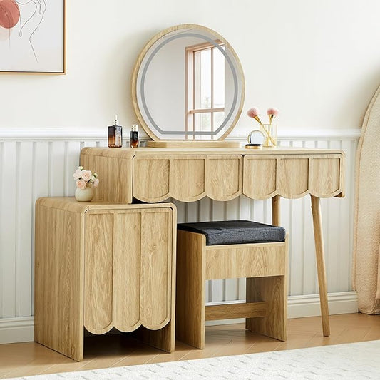 ORRD Vanity Desk with Mirror and Lights, Modern Wood Wave Panel Vanity Desk Set Makeup Table with Drawers and Cabinet, Dressing Table with Storage for Bedroom, Natural