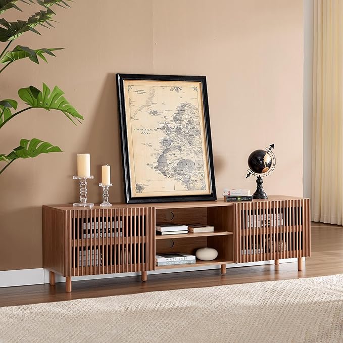 Bonzy Home 70" Mid Century Modern TV Stand, TV Console for TV up to 75", Slatted Entertainment Center with Storage and Open Shelves for Living Room, Bedroom, and Media Room