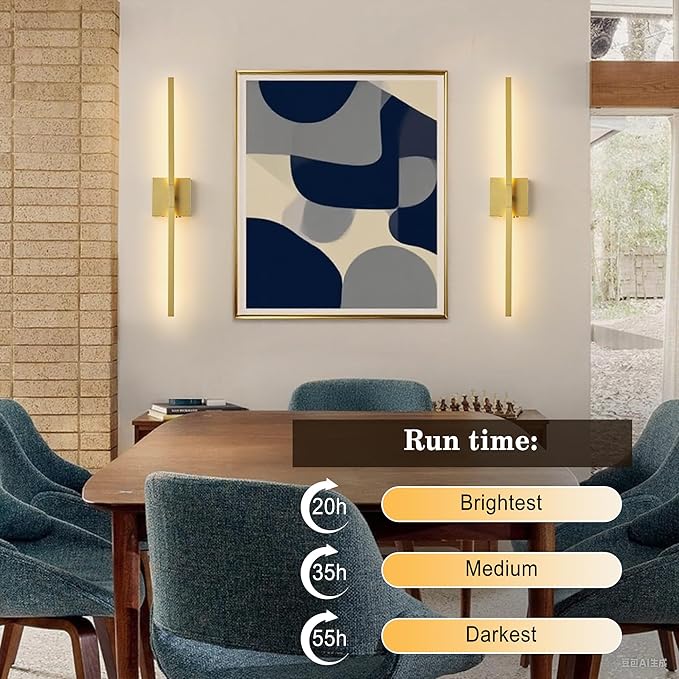 Wireless Battery Operated Wall Sconces Set of Two, Dimmable Modern Wall Sconce with Remote Control, 360°Rotation & Timer & Memory, Gold Led Rechargeable Wall Lights for Living Room, 28.3 Inch