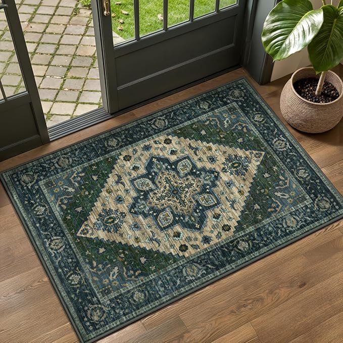 Tangsoo 2x3 Rugs for Entryway, Vintage Washable Non Slip Small Area Rug, Indoor Front Door Rug, Print Distressed Door Mat Carpet, Soft Low Pile Rugs for Entrance Kitchen Bedroom Green