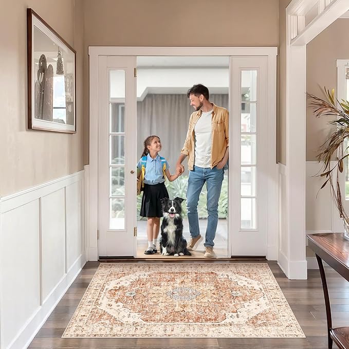 Tangsoo Vintage Rug 2x3 Washable for Entryway, Non Slip Small Area, Indoor Front Door Rug, Print Distressed Brick Red Door Mat Carpet, Soft Low Pile for Entrance Kitchen Bedroom Bathroom