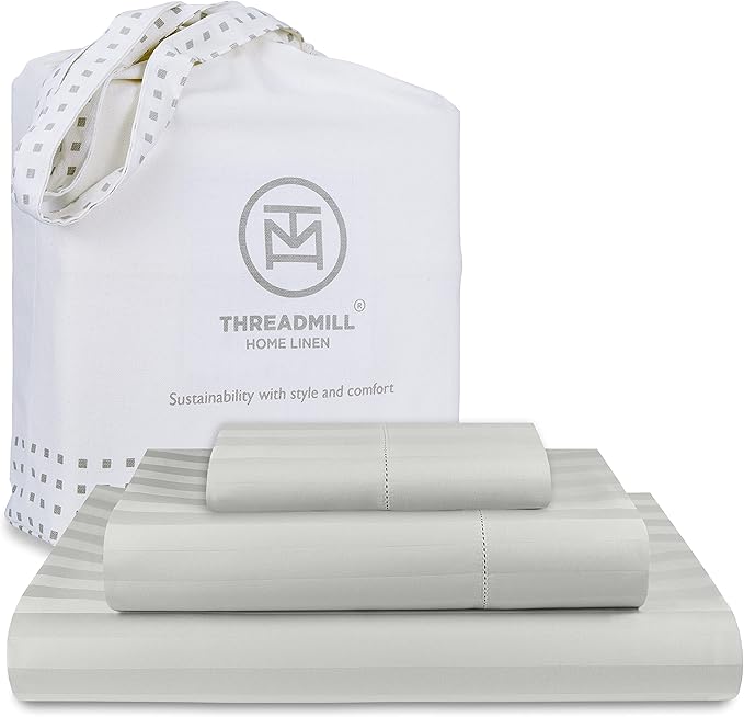 Threadmill 500 Thread Count Twin Size Damask Stripe, 3 Pc Luxury Cotton Bedding Set, Breathable Light Grey Sheets with 15" Elasticized Deep Pocket, 1 Pillowcase & Free Tote Bag