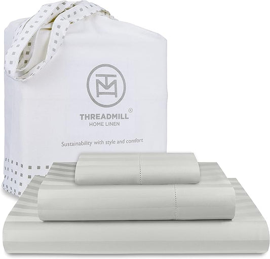 Threadmill 500 Thread Count Twin Size Damask Stripe, 3 Pc Luxury Cotton Bedding Set, Breathable Light Grey Sheets with 15" Elasticized Deep Pocket, 1 Pillowcase & Free Tote Bag