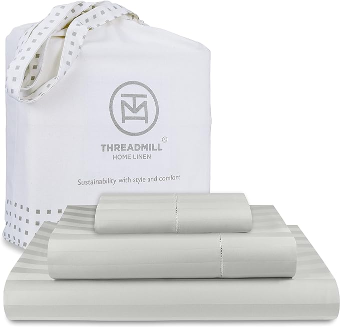Threadmill 500 Thread Count Twin-XL Size Damask Stripe, 3 Pc Luxury Cotton Bed Sheet Set, Silky Soft Light Grey Sheets with 15" Elasticized Deep Pocket, 1 Pillowcase & Free Tote Bag
