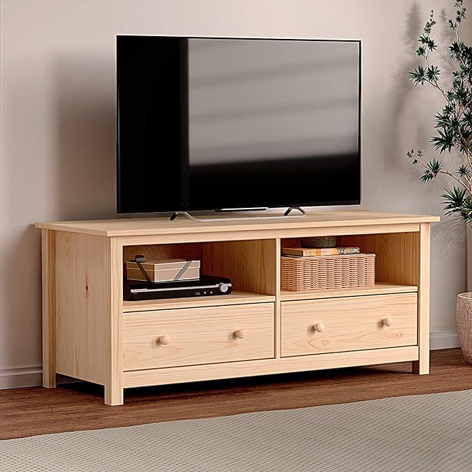 Handcrafted Solid Oak TV Stand Entertainment Center - Elegant Unfinished Media Console with Spacious Storage Drawers & Open Shelves - Sturdy Wood Cabinet Fits TVs up to 55 Inches