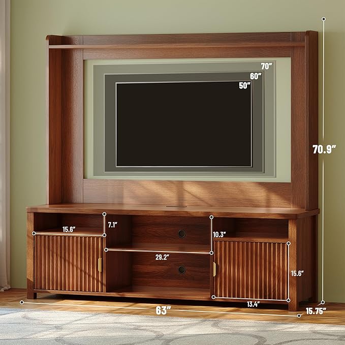 70.9"H TV Stand, Modern Chic Entertainment Center for TVs Up to 70 inches, Extra 4 Storage Wooden Shelves, Magnetic cabinet doors & Curved Profile Design, Media Console for Living Room, Walnut Brown