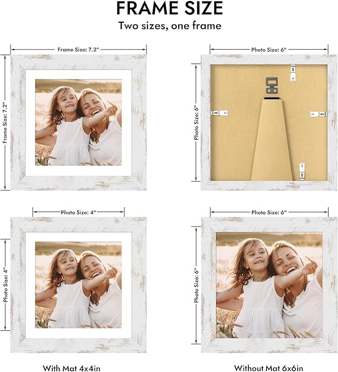 6x6 Picture Frame with Glass, Display Pictures 4x4 with Mat or 6 x 6 without Mat - Wall and Tabletop, 6 by 6 Photo Wooden Frames (Distressed White, 1 Pack)