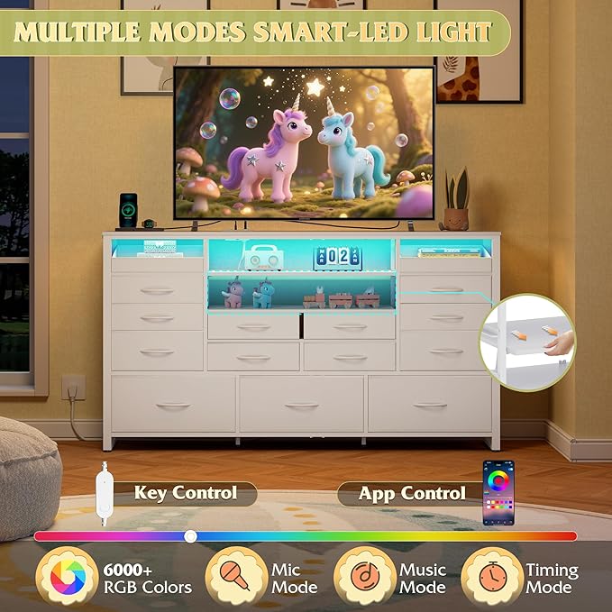 WLIVE White TV Stand for 55, 60, 65 inch TV, Entertainment Center with LED Lights & Charging Station, TV Media Console Table with 15 Fabric Drawers and Open Shelves for Living Room, Hallway, Wood Top