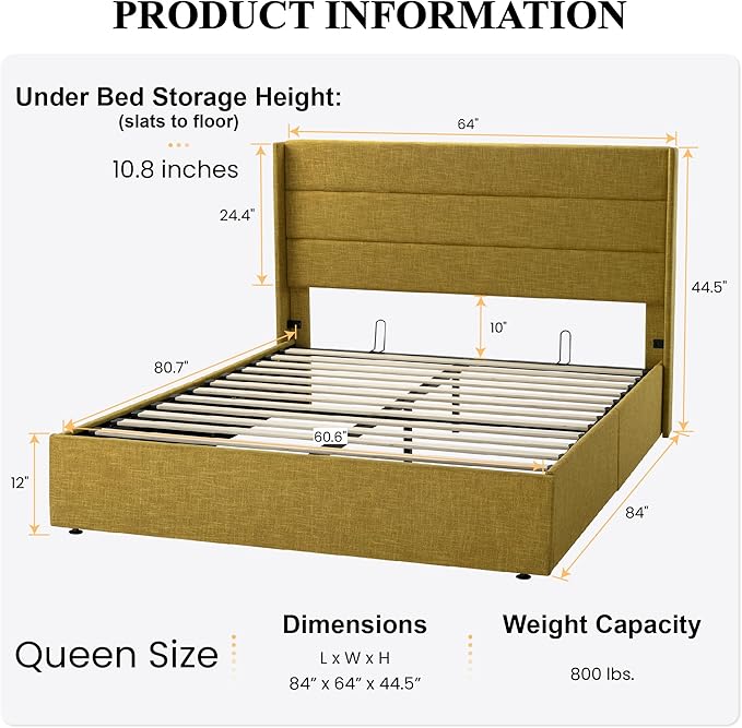 SHA CERLIN Queen Size Lift Up Storage Bed/Modern Wingback Headboard/Upholstered Platform Bed Frame/Hydraulic Storage/No Box Spring Needed/Wood Slats Support/Olive Yellow