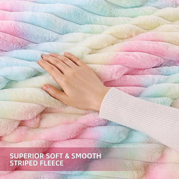 Smoofy Fluffy King Size Comforter Set 3 Pieces - Rainbow Fleece Fluffy Comforter Set, Luxury Fuzzy King Bedding Set, Soft King Bed Set All Season, Heavy Faux Fur Comforter with 2 Pillow Cases