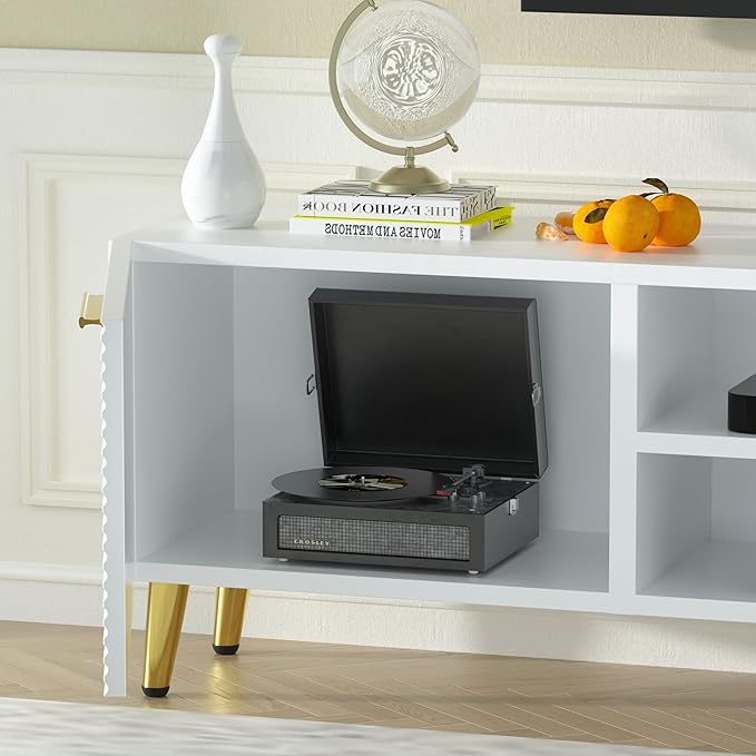 TV Stand for 65+ Inch TV, Modern TV Console for Living Room Bedroom, Wood Entertainment Center with Storage Cabinets, Hinge Door, Waveform Panel, Media Console (White, 57 inch)