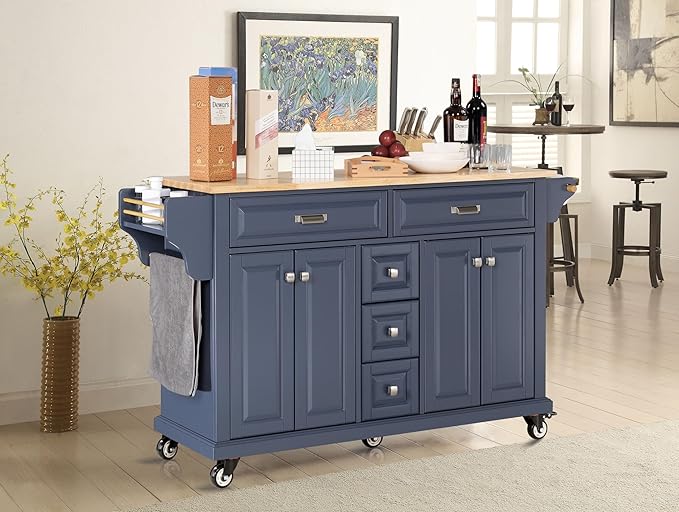 60.5 Rolling Solid Wood Kitchen Island with Rubberwood Top, 5 Drawers, 2 Cabinets, Adjustable Shelves, Spice Rack & Locking Wheels – Painted Finish, Navy Blue