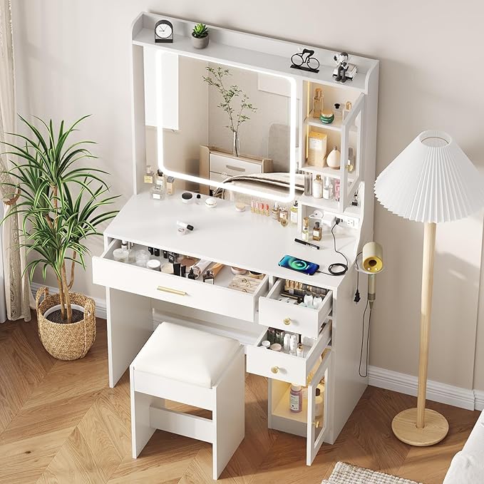 Vabches Makeup Vanity Desk with LED Mirror and Lights,Vanity Table Set with Charging Station,Dressing Table with RGB Cabinets,Bedroom Vanity for Women,Girls