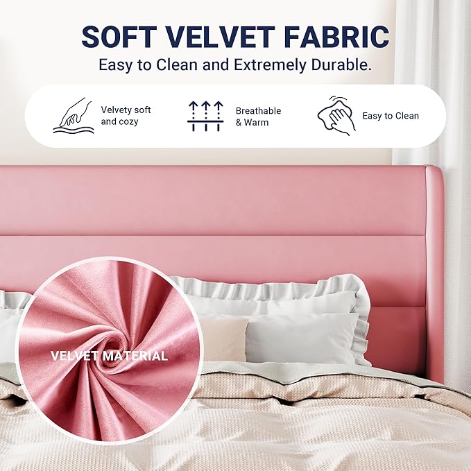 Allewie Full Size Platform Bed Frame with Velvet Upholstered Wingback Headboard, No Box Spring Needed, Under Bed Storage Space, Strong Wooden Slats, Modern Mattress Foundation, Easy Assembly, Pink