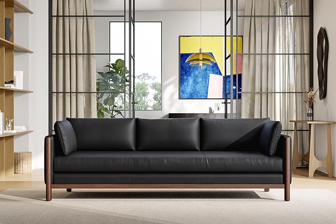 Valencia Matera 93” Black 3 Seater Full Leather Sofa | Modern Nappa Leather Couch with 2 Pillows for Living Room Furniture | Canadian Hardwood, One-Piece Curved Frame Lounge Sofa