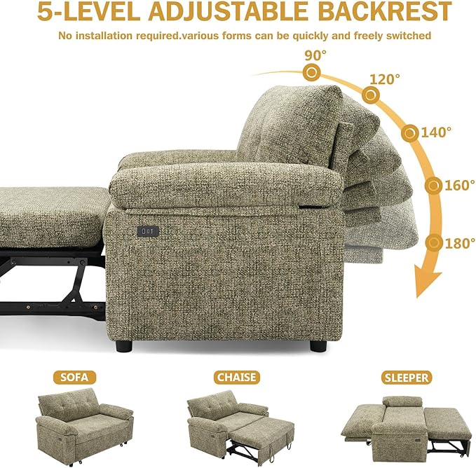 Vipbear 3-in-1 Convertible Sofa Bed, Pull Out Sleeper Sofa with USB Charging Station & Adjustable Backrest, Loveseat with Side Pocket for Living Room, Apartment, Tool-Free Assembly, Chenile Light Grey