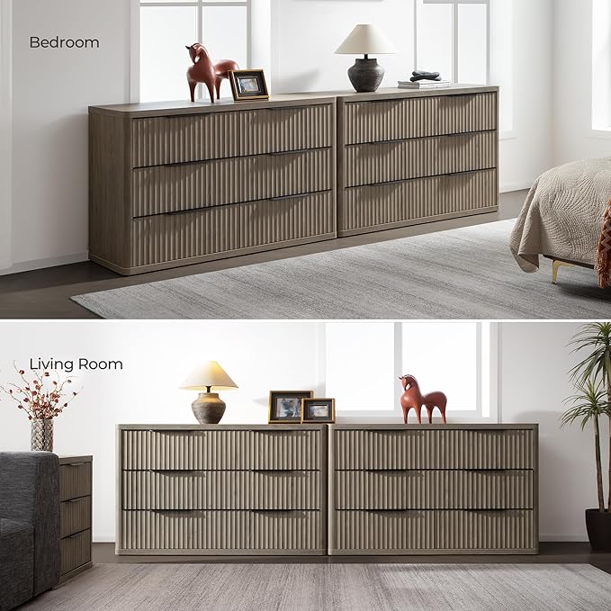 SICOTAS Dresser for Bedroom 6 Drawer Dressers & Chests of Drawers for Closet Long Large Modern TV Stand Set for Clothes Storage Fluted Wide Clothes Closet for Hallway Entryway (Grey Alder, 1 Piece)