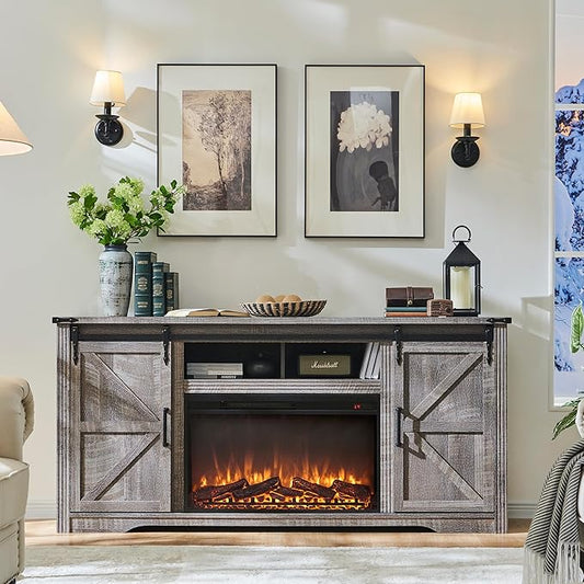 JXQTLINGMU Farmhouse Fireplace TV Stand for 80 Inch TV, 32" Tall Entertainment Center w/Drawer & Sliding Barn Door, 70 Inch Highboy Media Console for Living Room, Grey Wash