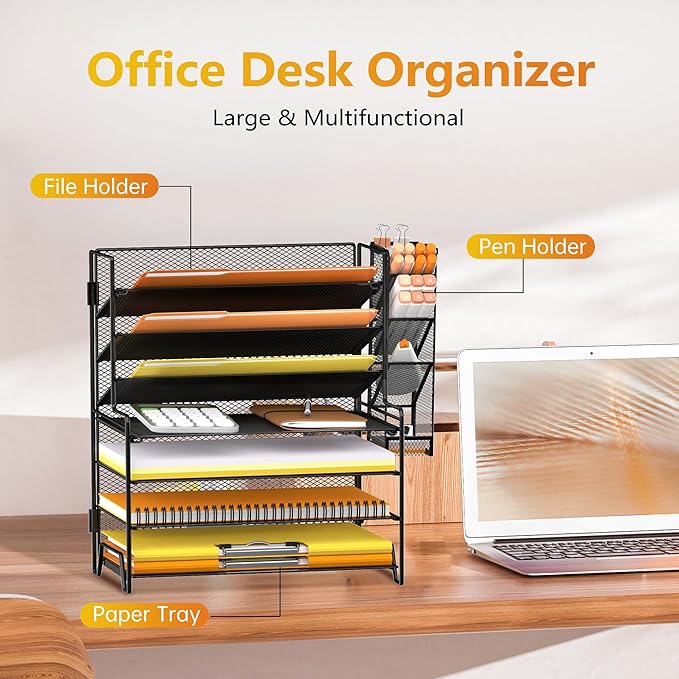 SUPEASY 4 Tier Paper Organizer + 3 Tier File Holder + 4 Pen Holders, 7 Tier Desktop File Organizers, Desk Organizers and Accessories for Office Home School, Black