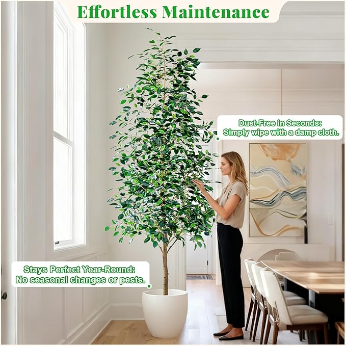 8FT Artificial Ficus Trees Indoor Faux Trees Indoor Fake Floor Plants Tall Artificial Tree with White Pot Faux Tree Fake Indoor Tree Silk Plants Artificial Trees for Home Decor Indoor