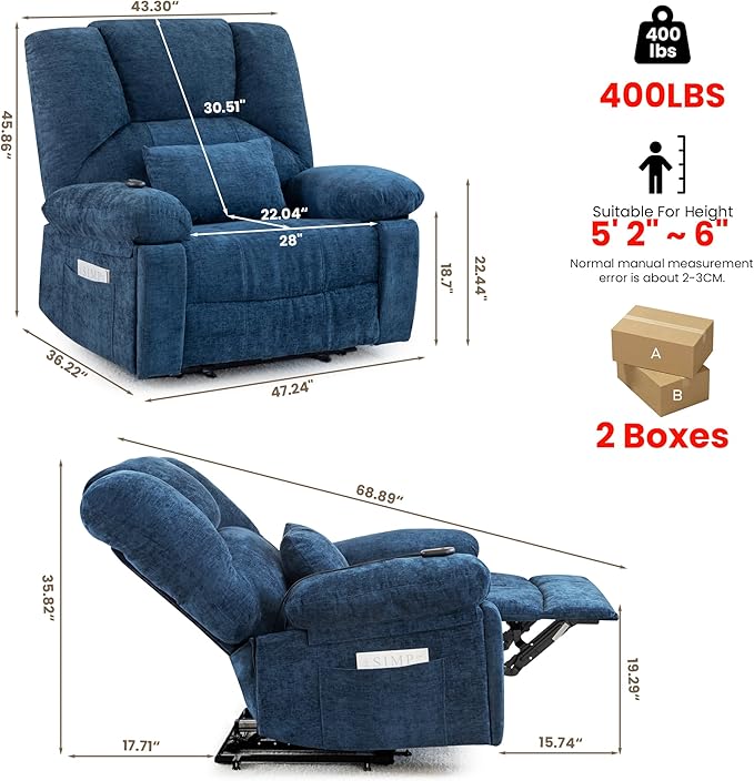 Oversized Power Recliner Chair 350lb with Hidable Cup Holders, Extra Wide Large Big Electric Recliner Chair with Lumbar Support Pillow Nursery Chair Living Room (Power, BLUE-6001)