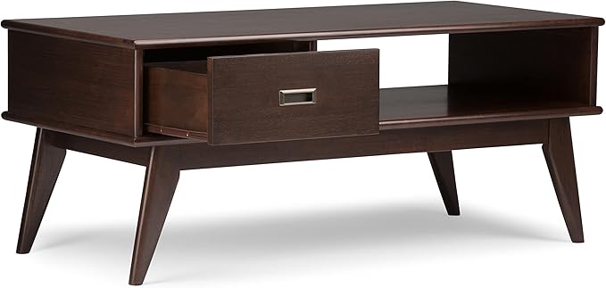 SIMPLIHOME Draper SOLID HARDWOOD 48 inch Wide Rectangle Mid Century Modern Coffee Table in Medium Auburn Brown for the Living Room and Family Room