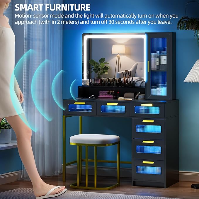 LED Make Up Vanity Desk with 20" Mirror and Light, Smart Dressing Table with 6 Drawers, 3 Shelves, 24 Color Lighting Modes, Cushioned Stool, USB Type-C Storage for Bedroom Dressing Room Black