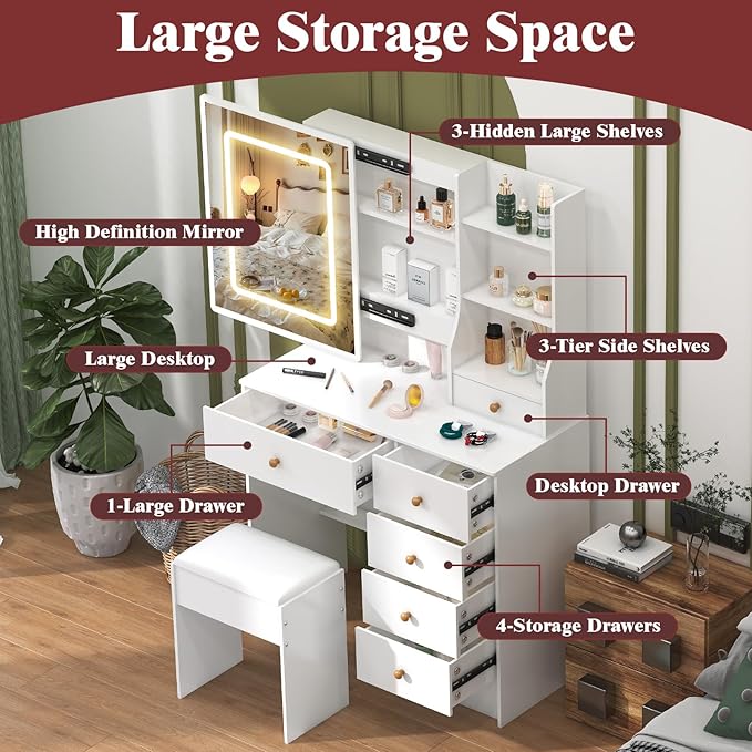 JBLCC Makeup Vanity Desk with Lighted LED Mirror, White Vanity Table with 6 Drawers & Storage Shelves, Modern Dressing Table for Bedroom, Small Vanity Set with Lights