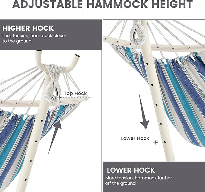 LazyDaze Hammocks Double Hammock with Stand - 2 Person Heavy Duty Outdoor Hammock for Adults, Includes Durable Steel Stand, Portable Carrying Bag and Pillow, Blue Stripes